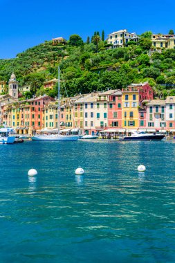 Portofino, İtalya - Küçük körfezde renkli evleri ve yatı olan liman kasabası. Liguria, Cenova bölgesi, İtalya. Yaz mevsiminde güzel deniz manzaralı İtalyan balıkçı köyü.