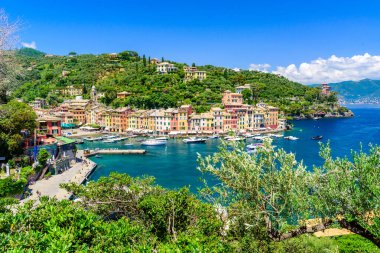 Portofino, İtalya - Küçük körfezde renkli evleri ve yatı olan liman kasabası. Liguria, Cenova bölgesi, İtalya. Yaz mevsiminde güzel deniz manzaralı İtalyan balıkçı köyü.