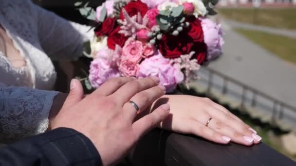 订婚戒指上新郎新娘的手 — 图库视频影像