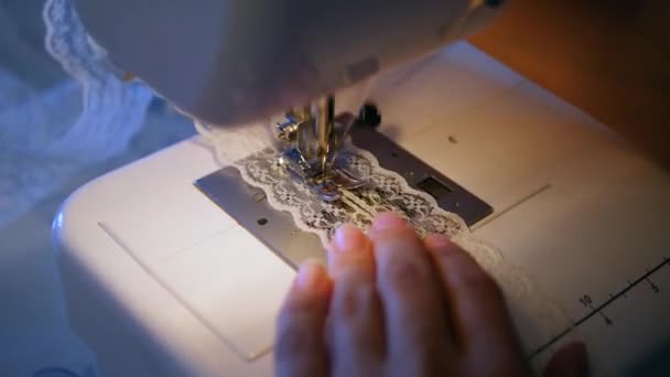 Female Hands Sew Sewing Machine — Stock Video
