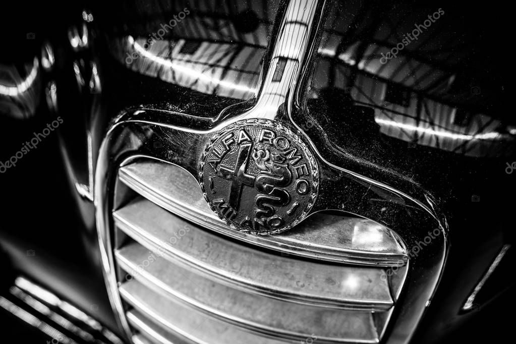 BERLIN - MAY 06, 2018: Emblem of luxury car Alfa Romeo 6C 2500, close-up. Black and white. Exhibition 31. Oldtimertage Berlin-Brandenburg (31th Berlin-Brandenburg Oldtimer Day).