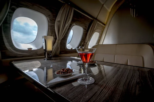 Interior Business Class Commercial Passenger Plane Armchair Window Table Cocktail — Stock Photo, Image