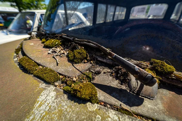 Fragment Van Verlaten Auto Deel Van Voorruit Ruitenwisser Autolichaam Bedekt — Stockfoto