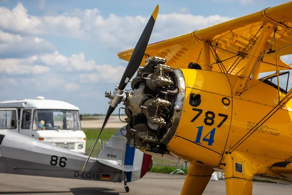 Berlín Dubna 2018 Hvězdicový Motor Trenéra Dvouplošník Boeing Stearman Model — Stock fotografie