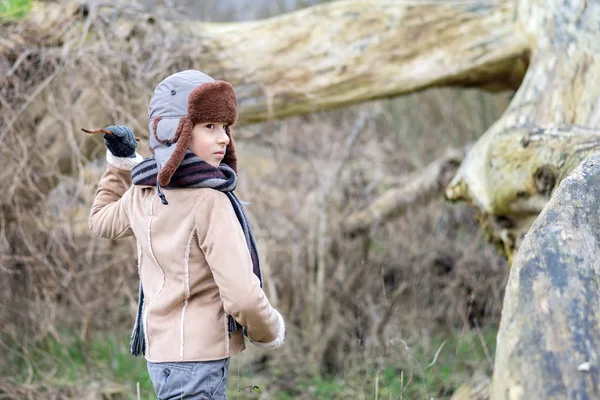 Portrait Beautiful Boy Hat Scarf Background Autumn Winter Nature — Stock Photo, Image