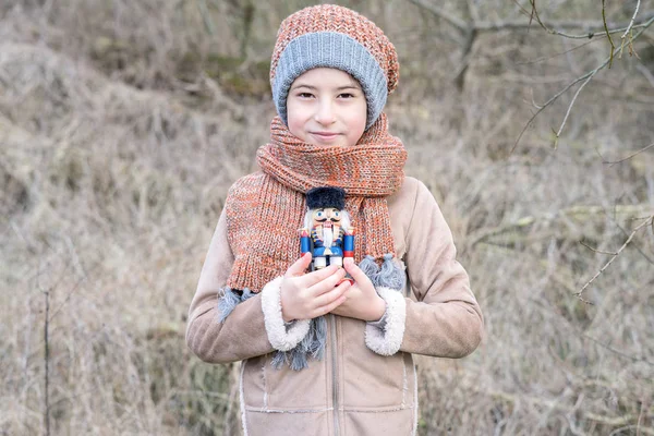 Portrait Beautiful Boy Knitted Hat Scarf Background Autumn Winter Nature — Stock Photo, Image