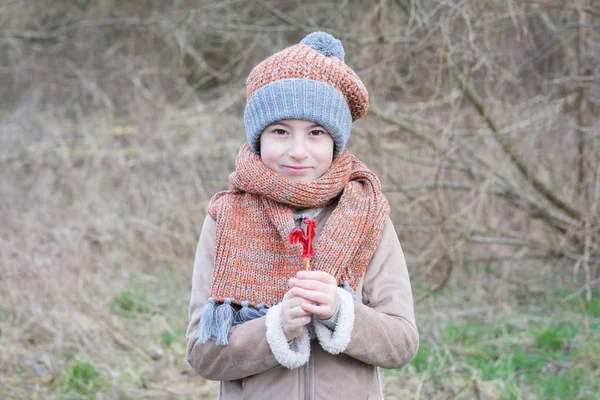 在秋天 的背景下 一个戴着围巾的漂亮男孩的肖像 在男孩的手里拿着公鸡形状的甜糖果 — 图库照片