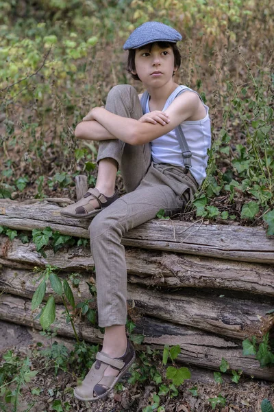 Portrait Boy Dressed Pants Suspenders Sleeveless Shirt Background Nature — Stock Photo, Image