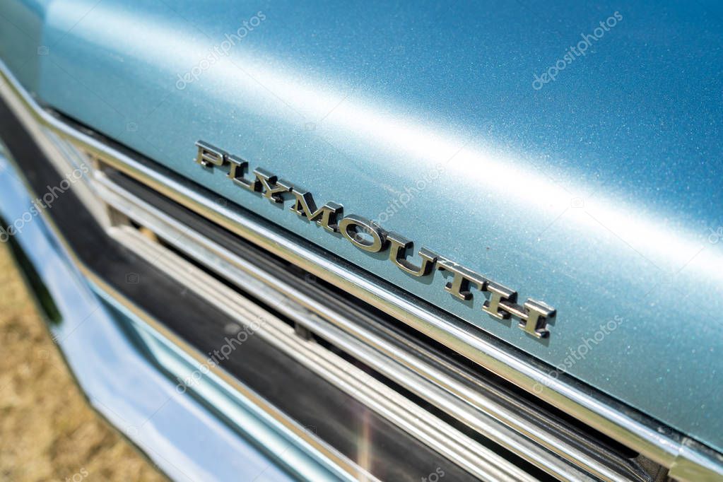 PAAREN IM GLIEN, GERMANY - MAY 19, 2018: Emblem of a mid-size car Plymouth Satellite Sport, 1968. Die Oldtimer Show 2018.