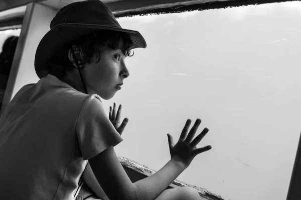 Boy Watching Underwater World Large Porthole Waterline Tourist Ship Black — Stock Photo, Image
