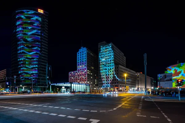 Berlin October 2018 Modern Skyscraper Potsdamer Platz Brightly Colored Illuminations — Stock Photo, Image