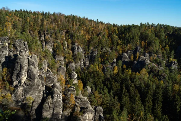 Φθινόπωρο Στη Σαξονική Ελβετία Βουνά Ψαμμίτη Elbe Γερμανία — Φωτογραφία Αρχείου