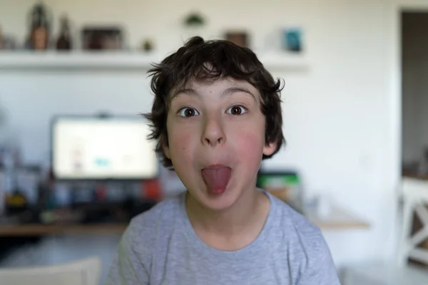Portrait Boy Household Environment Apartment Child Happy Showing Tongue — Stock Photo, Image