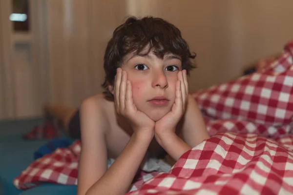 Portrait Boy Bed — Stock Photo, Image