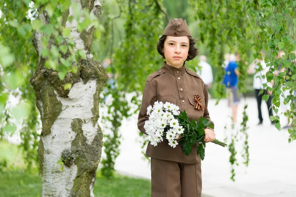 Portrait Boy Flowers Uniform Soldier Red Army Second World War — Stock Photo, Image