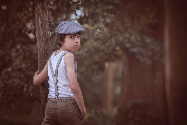 Portrait Boy Dressed Pants Suspenders Sleeveless Shirt Background Nature — Stock Photo, Image