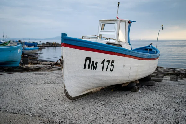 Pomorie Bulgaria June 2019 Fishermen Boats Stand Shore Seaport Seaside — Stock Photo, Image