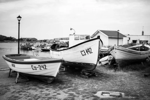 Sozopol Bulgaria June 2019 Fishing Boats Seaport Pier Black White — Stock Photo, Image