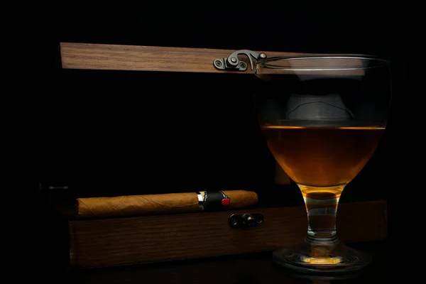 Box Cigars Glass French Cognac — Stock Photo, Image