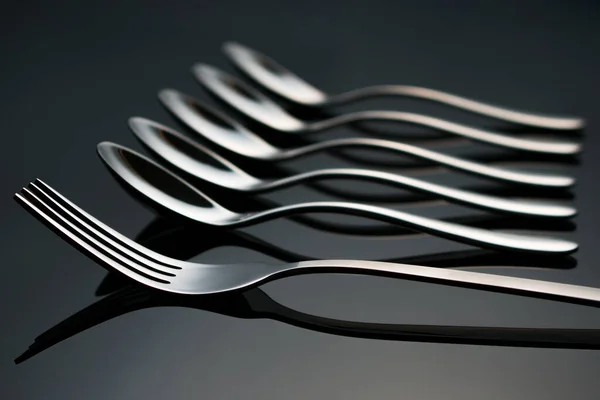 Fork Teaspoons Lie Glass Table — Stock Photo, Image