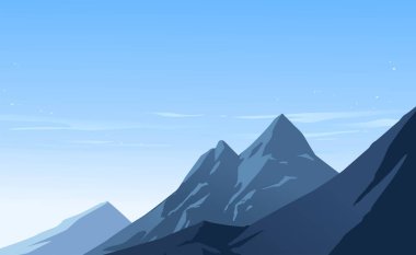 Kar yağışı sahne sonra Illustration. Parlak açık mavi gökyüzü ve dağ kar ile. Vektör çizim.    