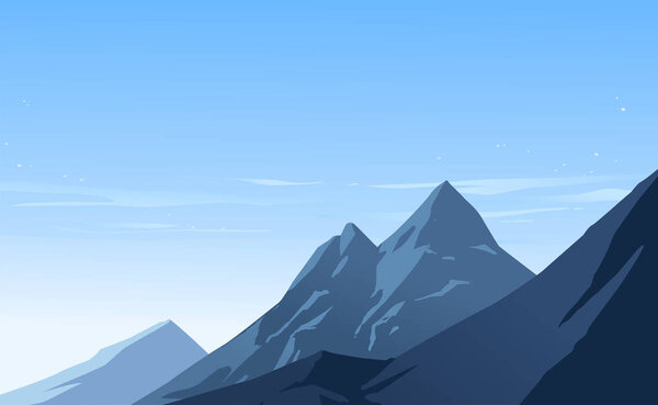 Illustration of after snowfall scene. Bright clear blue sky and mountain with snow. Vector illustration.    