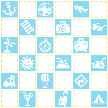 Mavi sorunsuz seyahat/tatil desen tema arka plan. Serbest el çiziminin şirin tarzı. Vektör çizim. 