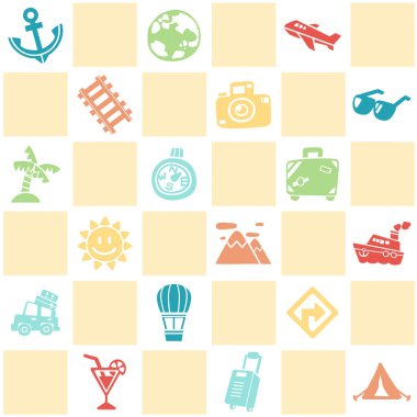 Renkli sorunsuz seyahat/tatil desen tema arka plan. Serbest el çiziminin şirin tarzı. Vektör çizim. 