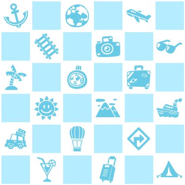 Mavi sorunsuz seyahat/tatil desen tema arka plan. Serbest el çiziminin şirin tarzı. Vektör çizim. 