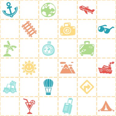 Renkli sorunsuz seyahat/tatil desen tema arka plan. Serbest el çiziminin şirin tarzı. Vektör çizim. 