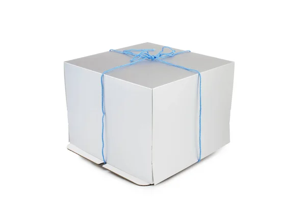 Картонная Коробка Веревкой Белом Фоне Тень Снизу — стоковое фото
