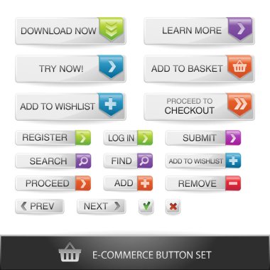 Beyaz arka plan üzerinde e-ticaret düğme kümesi