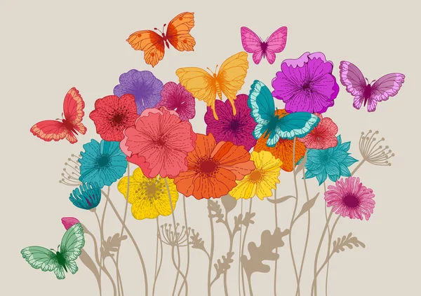 五颜六色的花朵和蝴蝶模板 — 图库矢量图片