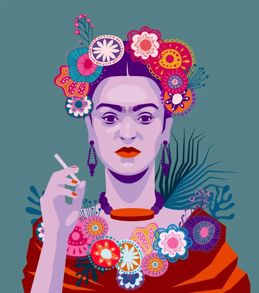 Mavi arka plan üzerinde sigara ile Frida Kahlo
