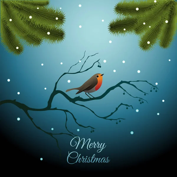 Joyeux Modèle Carte Noël Avec Oiseau Sur Branche Arbre — Image vectorielle