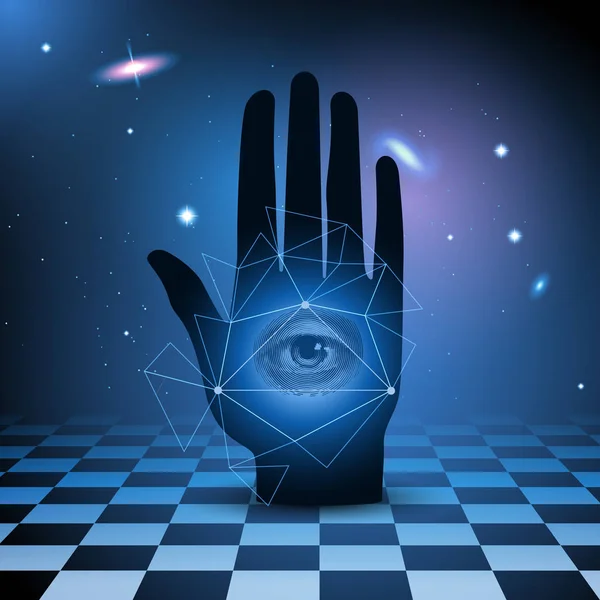 Hand Mit Allsehendem Auge Auf Kosmos Hintergrund — Stockvektor