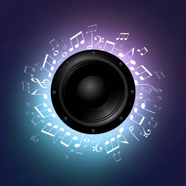 Notas Musicales Alrededor Altavoz Sonido Sobre Fondo Color — Vector de stock