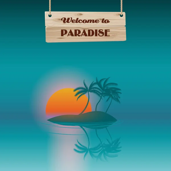 Palabras Bienvenidas Paraíso Con Isla Palmeras — Vector de stock