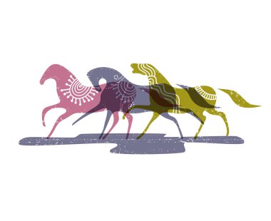 Beyaz arka plan üzerinde renkli vahşi atlar