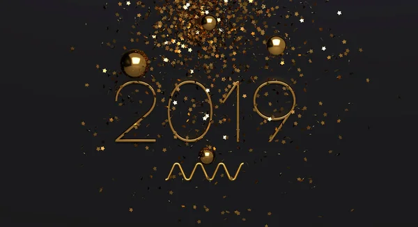 2019 golden numaraları ve parlak siyah arka plan üzerine. Yeni yıl. 3D render