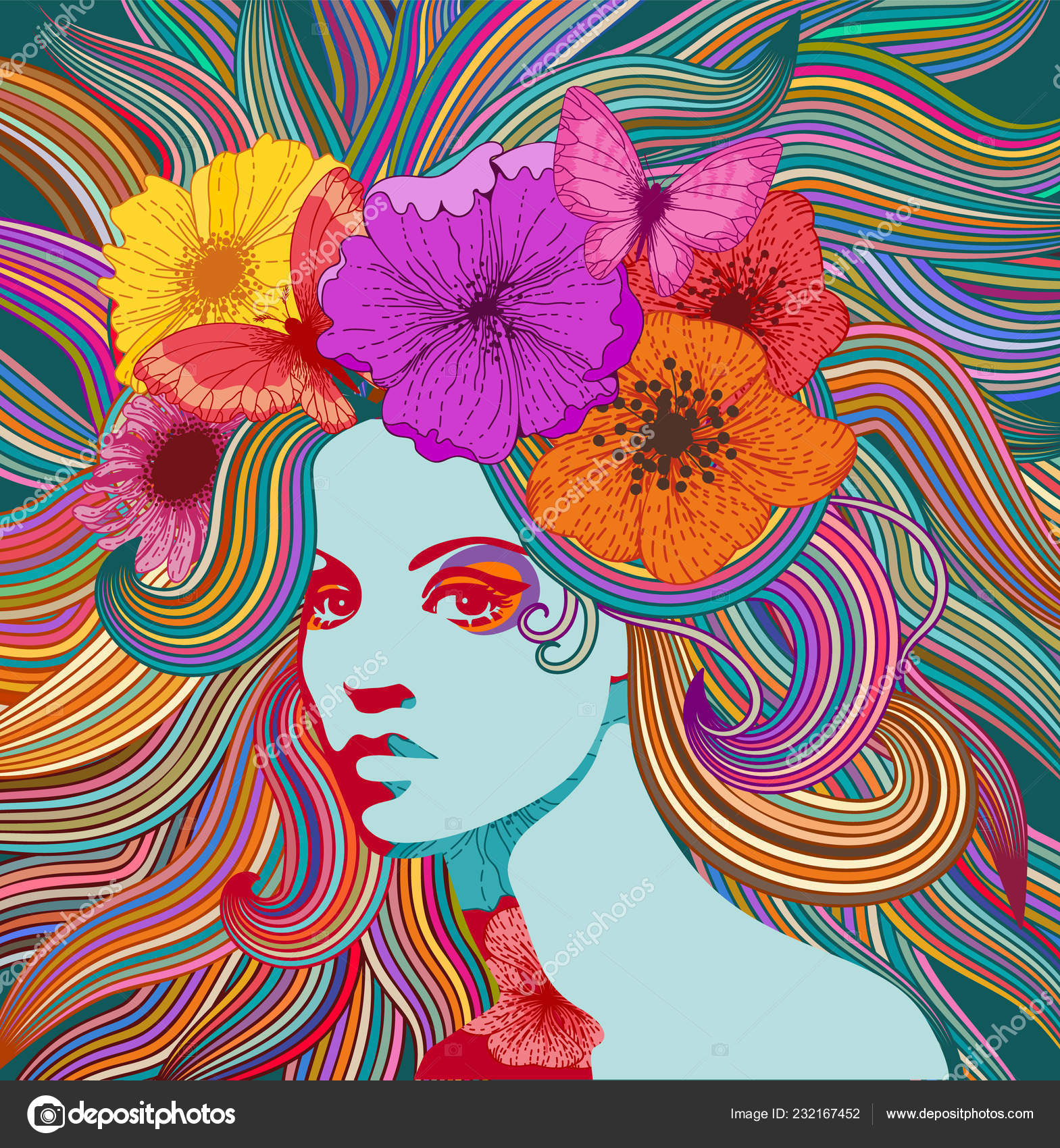 Psychedelic Portrait Hippie Woman Colorful Hair Flowers Butterflies Eps  Vector Stock Vector Image by ©AnitaPonne #232167452