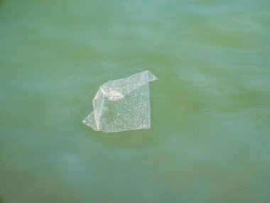 Plastik torba deniz yüzeyinde yüzen.