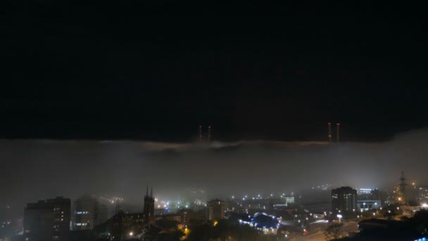 Vladivostok Θέα Στο Τοπίο Της Πόλης Νύχτα Ομίχλη Πάνω Από — Αρχείο Βίντεο