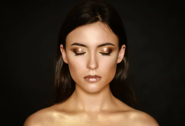 Close Portrait Young Woman Golden Makeup — Stock Photo, Image