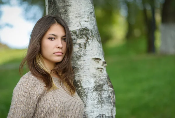 Potret Wanita Muda Yang Bersandar Pohon Birch — Stok Foto