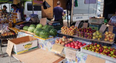 Vladivostok, Rusya - 18 Ağustos 2018: Primorsky gıda festival merkezi kare. Çiftçiler Primorsky Krai tüm onların ürünleri sunmak.