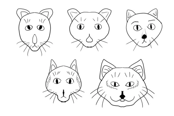 Zestaw Twarze Śmieszne Koty Ręcznie Rysowane Stylu Prosty — Zdjęcie stockowe