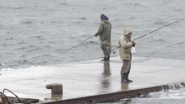 Vladivostok Rusia Octubre 2018 Dos Pescadores Están Pescando Muelle — Vídeos de Stock