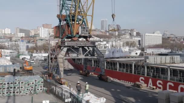 俄罗斯符拉迪沃斯托克 2018年11月7日 货物起重机正在装载散货船 手持式素材 — 图库视频影像
