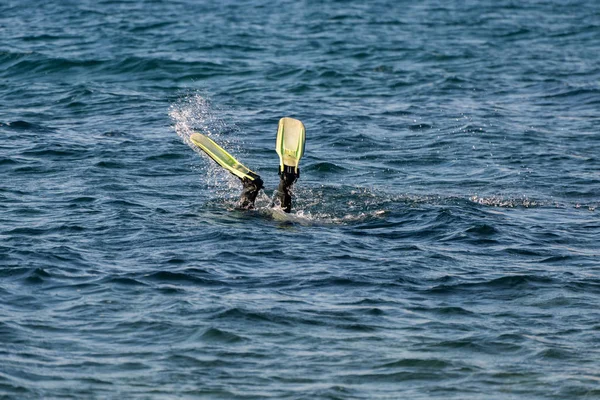 Die Schwimmflossen Des Tauchers Ragen Aus Der Meeresoberfläche — Stockfoto